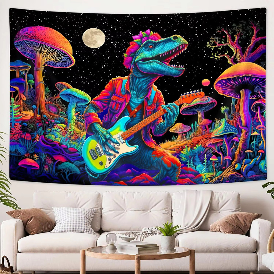 VIKAMA Neon Wandteppich mit Dinosaurier und Pilzen, Mehrfarbig, B/H: 75 x 58 cm - Bild 2