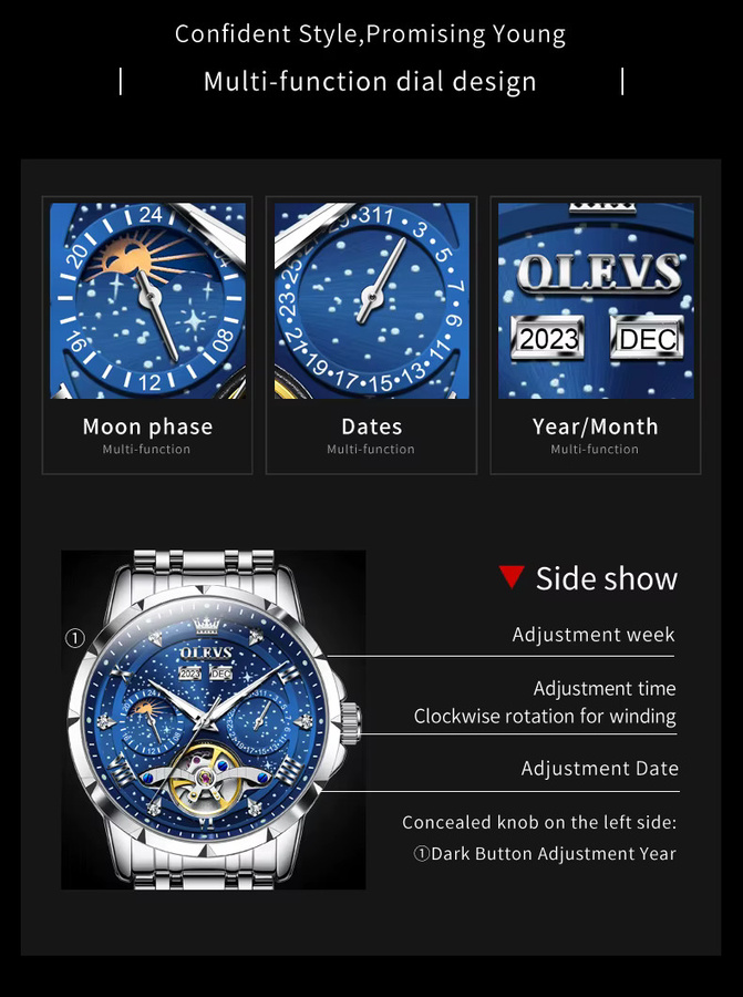 OLEVS Armbanduhr Automatik, Edelstahl, Herren, Blau, Silber - Bild 5