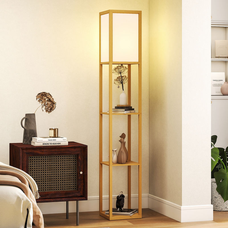 HOMCOM Stehlampe mit Regalen in Rustikalem Eiche, Stehleuchte mit Acryl-Lampenschirm und E27 Fassung für Wohnzimmer, Schlafzimmer oder Büro - Bild 2