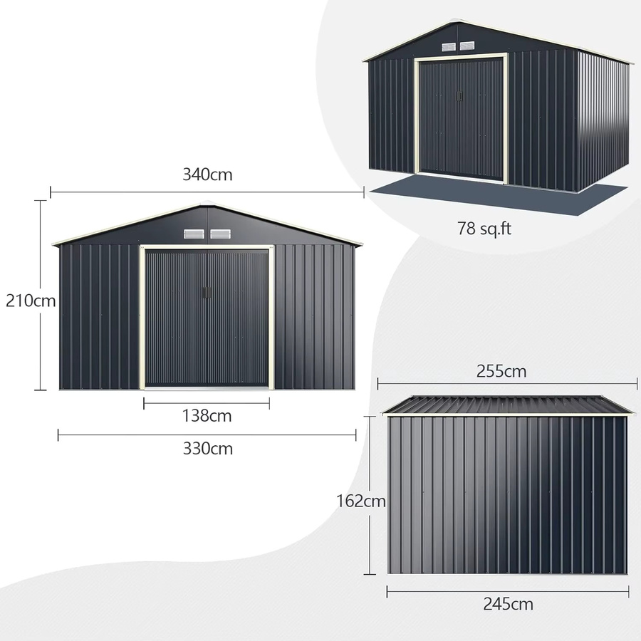 GOFLAME Werkzeugschuppen aus Metall in Anthrazit mit Schiebetür und Lüftungsschlitzen, B/T/H: 340 x 255 x 210 cm - Bild 6