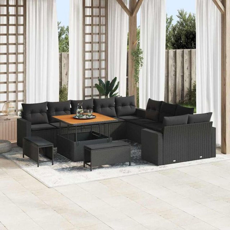 Vidaxl Garten-Sofa-Set aus Poly-Rattan und Massivholz in Schwarz, 13-teilig, modernes Design - Bild 1