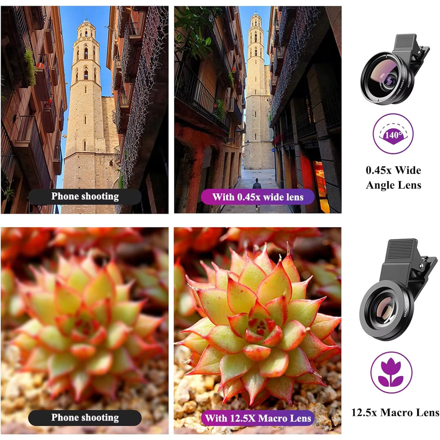 2-in-1 Clip-on Kamera-Objektiv-Kit mit 12,5x Makro und 0,45x Weitwinkel für iPhone, Samsung, Google und Xiaomi in Schwarz - Bild 4