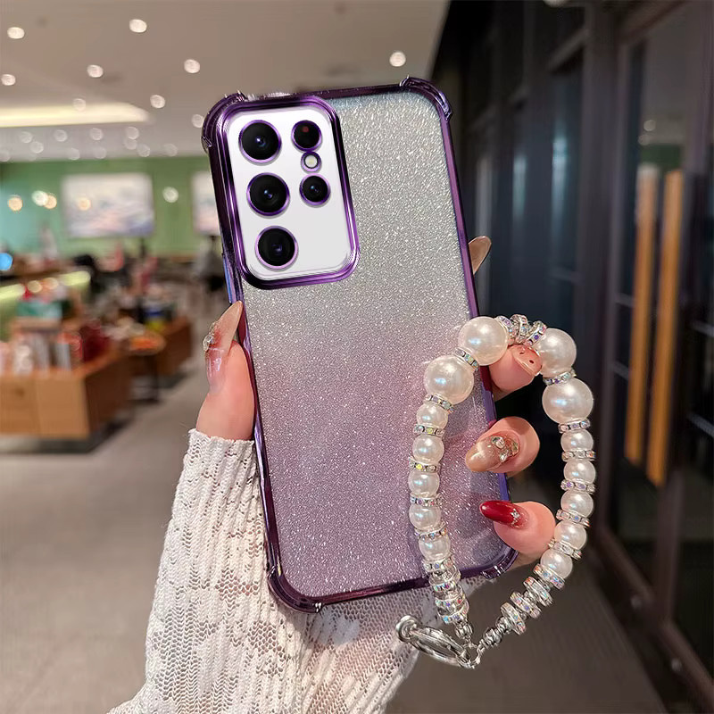 Stoßfeste TPU-Handyhülle mit Gradient Glitter und Perlenketten-Handgelenkband für Samsung Galaxy S22 Ultra Plus 5G in Pink - Bild 2