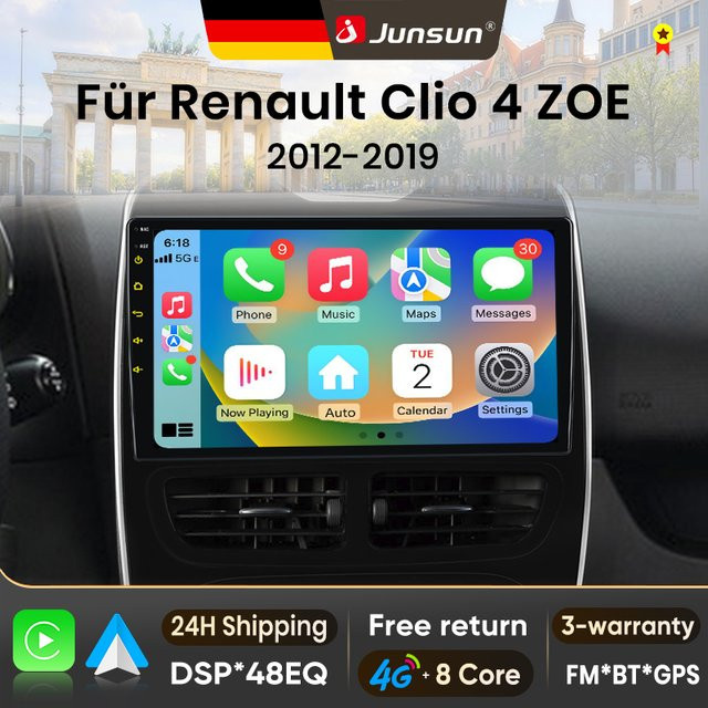 Junsun Android 15 Autoradio für Renault Clio 4 und ZOE (2012-2019) mit 10 Zoll IPS-Bildschirm, kabellosem Apple CarPlay und Multimedia-Videoplayer in Schwarz - Bild 1