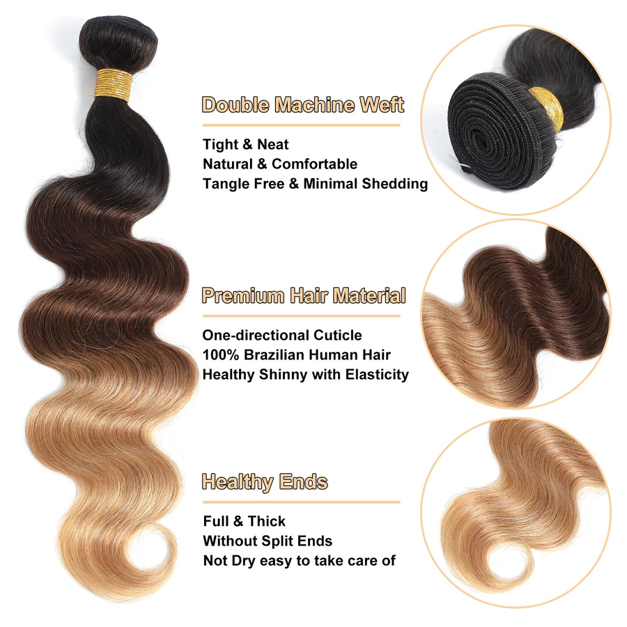 Royal Impression Body Wave Bundles, Ombre 3-farbig, 100% Echthaar Brasilianisches Rohhaar, 3er Bündel - Bild 4