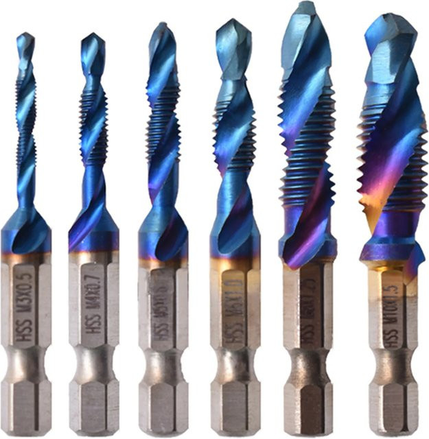 6-teiliges HOMEFISH HSS Gewindebohrer-Set mit Sechskantschaft und Spiralgewinde, Farben: Blau, Größen: M3, M4, M5, M6, M8, M10 - Bild 1