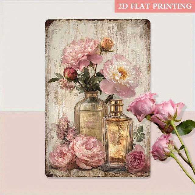 HELLOYOUNG Vintage Metallschild mit rosa Pfingstrosen und Parfümflasche, florale Wandkunst für Wohnzimmer und Badezimmer, B/H: 30 x 20 cm - Bild 1
