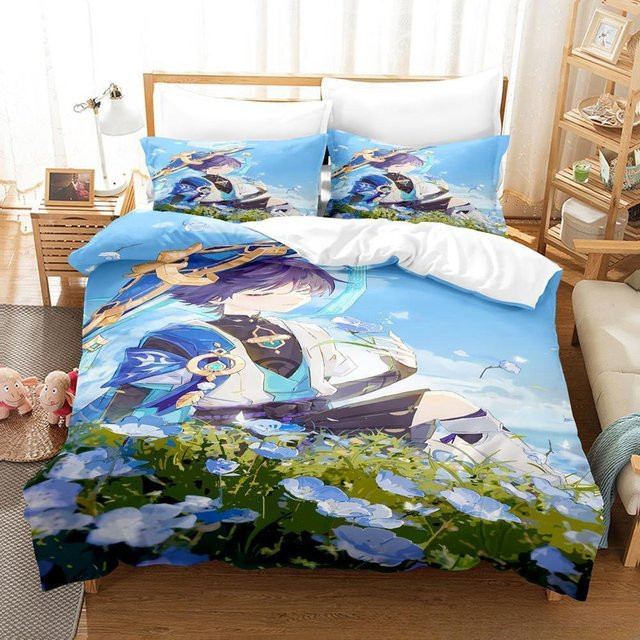 Genshin Impact Scaramouche Bettwäsche-Set 3-teilig aus Mikrofaser in Blau für Erwachsene und Kinder, B/H: 140 x 210 cm - Bild 1
