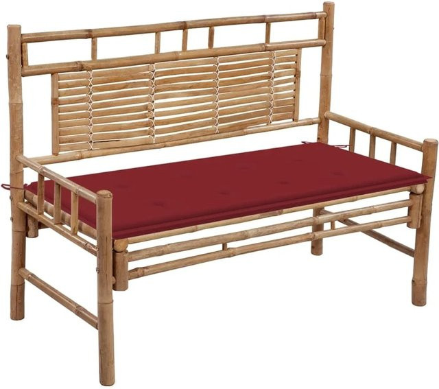 furnicato Gartenbank aus Bambus mit roten Auflagen, Breite: 120 cm - Bild 1