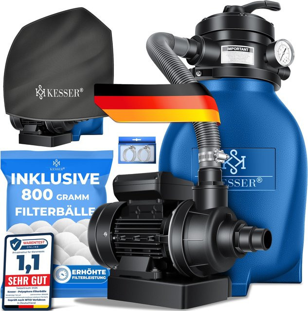KESSER Sandfilteranlage mit 4-Wege-Ventil und 800g Filterbällen für Pool und Schwimmbecken, 10 m³/h Leistung, Blau - Bild 1