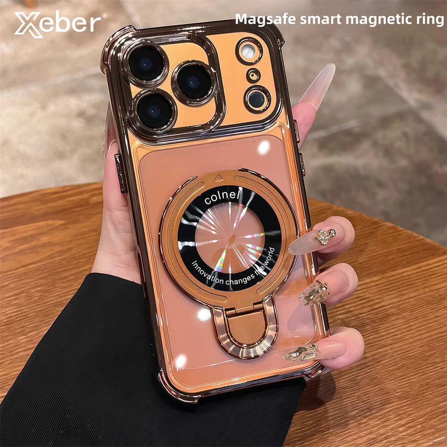 Xeber Magnetische MagSafe Schutzhülle mit integriertem Ständer und Halterung für iPhone 11 bis iPhone 17 Pro Max Plus, Stoßfeste Galvanisierte Hülle in Silver oder Gold - Bild 1