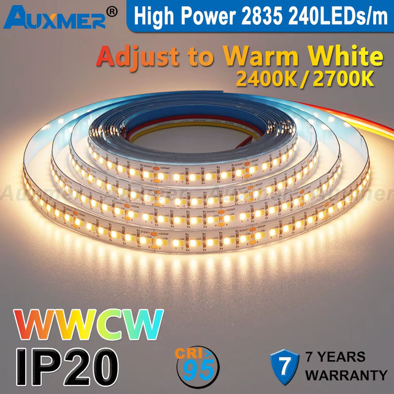 Auxmer LED-Streifenlicht WWCW 2835 in Weiß, CCT 2400-6500 K, 5 m Rolle, IP20, CRI >95, 120/240 LEDs/m, DC12/24 V - Bild 2