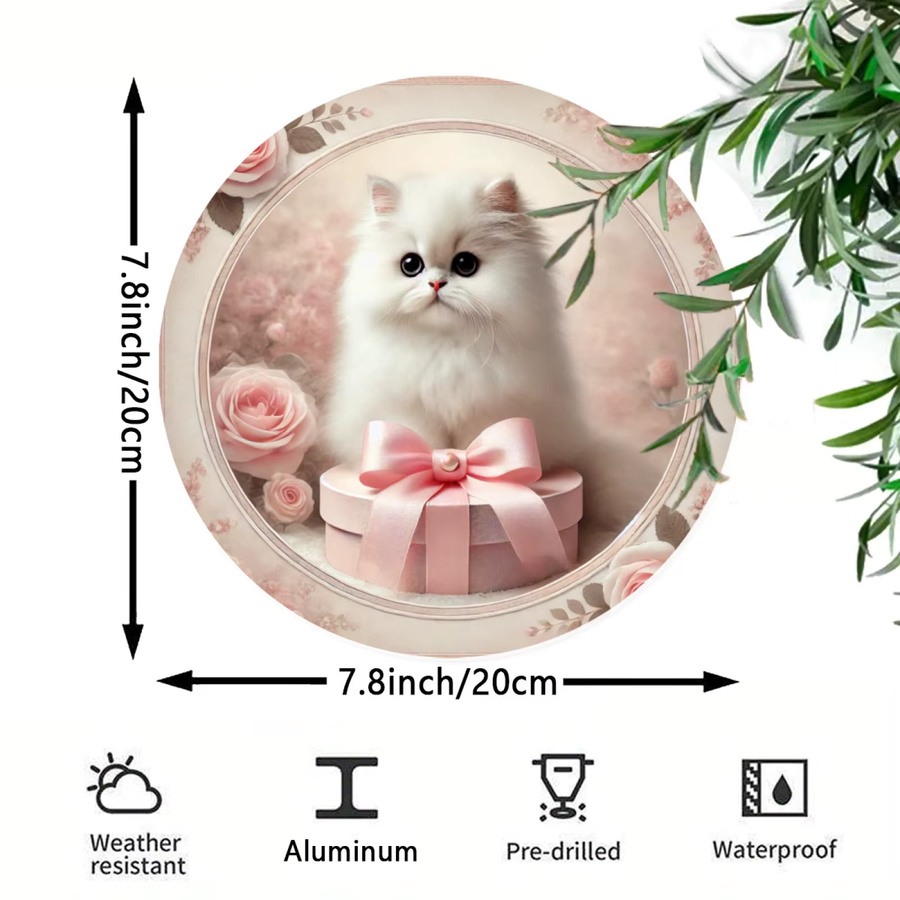 Potdemiel Runde Aluminium-Wandkunst mit weißer persischer Katze und Blumen in Rosa, Durchmesser: 19,81 cm - Bild 2