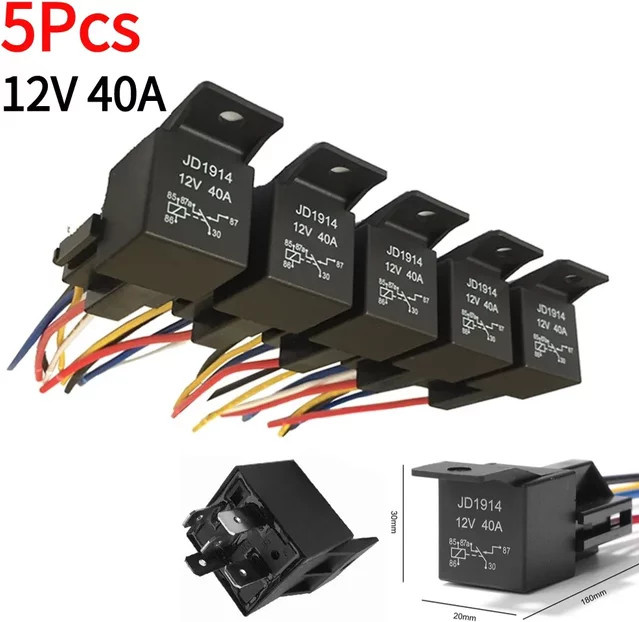 VODOOL 5er Set wasserdichte Kfz-Relais 12V 24V 5-polig 40A mit schwarz-rotem Kupfer-Anschluss und Buchse SPDT-Kabelbaum - Bild 1