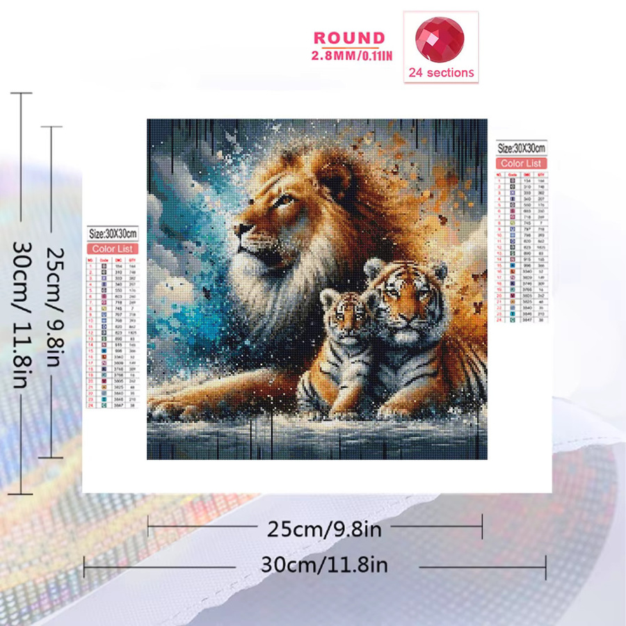 EverShine DIY Diamant-Stickerei Set mit Löwen- und Tiger-Motiv, rundes Diamant-Mosaik in Multicolour, 20 x 20 cm - Bild 2