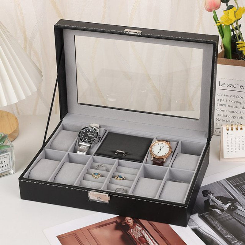 DELESYS Uhrenbox und Schmuckaufbewahrung aus PU-Leder für Uhren, Ringe und Ohrringe, Schwarz oder Grün - Bild 1