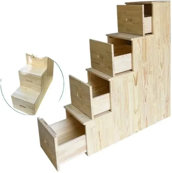 Multifunktionales Massivholz-Bett mit integrierter Schubladentreppe und Leiterstufen in Grau - Bild 1