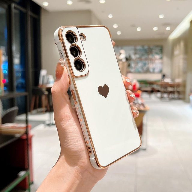 Luxus Vergoldetes Handycase mit Liebesherz Seitenmuster für Samsung Galaxy S24 S25 S23 S22 Ultra FE und A-Serie in Gold und Weiß - Bild 1