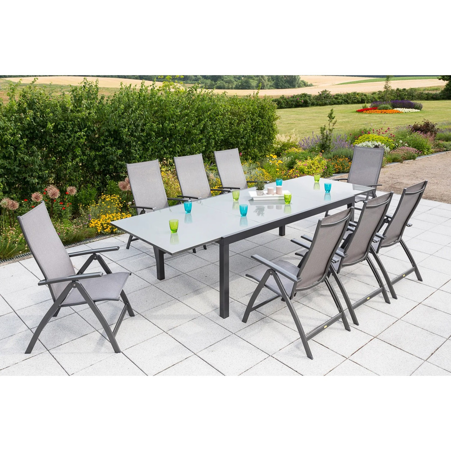 Merxx Gartenmöbelset Vicenza 9-teilig in Braun mit ausziehbarem Tisch aus Aluminium, Textil und Sicherheitsglas - Bild 3