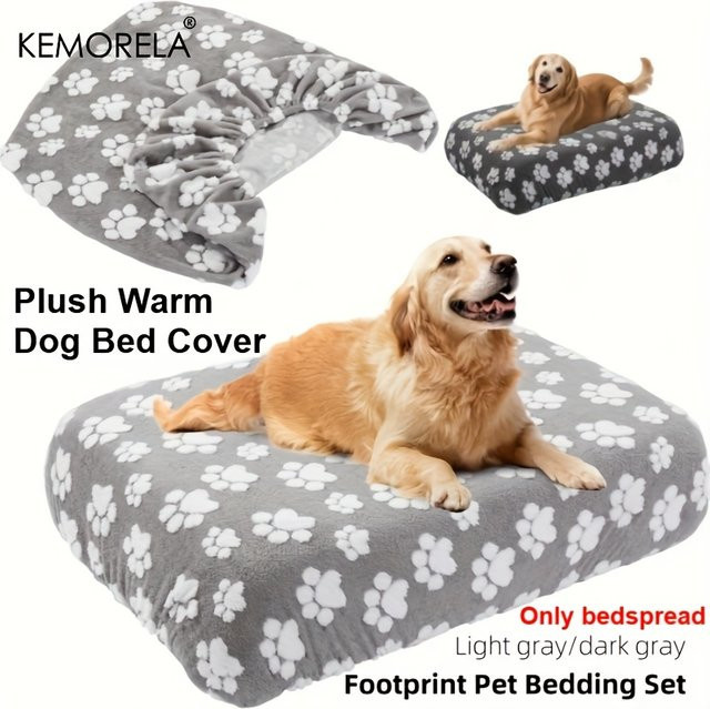 KEMORELA Hundebettdecke aus Plüsch mit Cartoon-Fußabdruck in Grau, waschbar und elastisch für kleine bis große Hunde - Bild 1