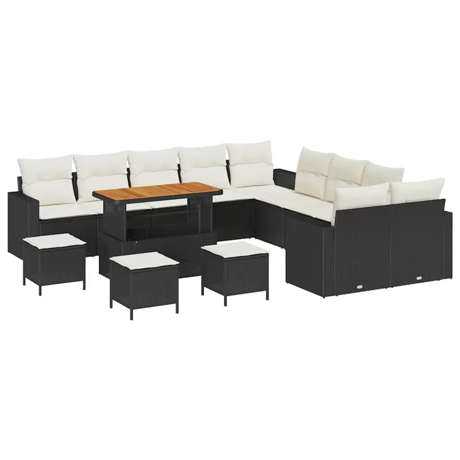 vidaXL Garten-Sofa-Set 14-teilig aus Poly-Rattan und Akazienholz in Schwarz-Creme mit Polstern und Tisch - Bild 2