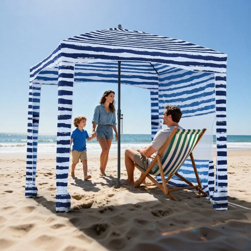 VEVOR Strand-Cabana mit Seitenwand und Sandsäcken, UPF 50+ Sonnenschutz, marineblaue Streifen, B/T/H: 183 x 183 x 183 cm - Bild 1