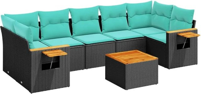 vidaXL 8-tlg. Garten-Sofagarnitur in L-Form aus Polyrattan mit Kissen und Couchtisch, Schwarz und Blau - Bild 1