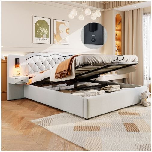 Gepolstertes MUVOE Bett mit Stauraum und integrierten USB-Anschlüssen in Beige, B/T: 180 x 200 cm - Bild 1