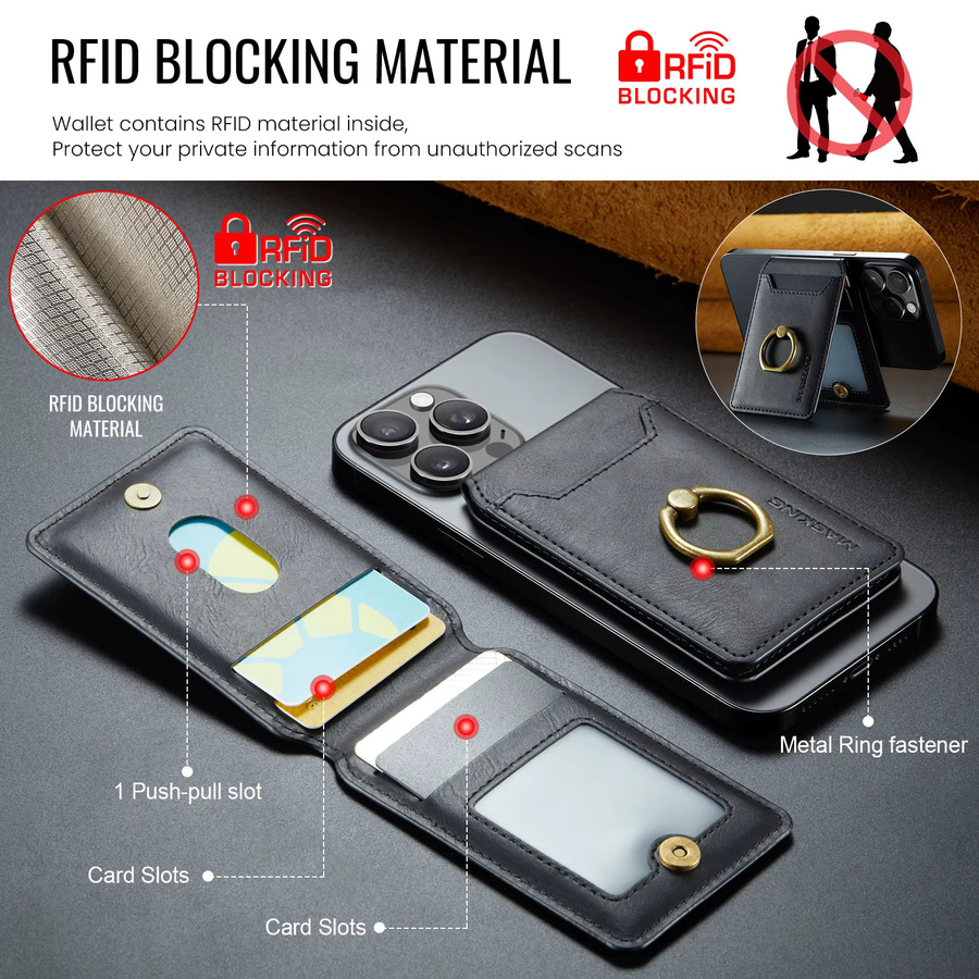 HKNR Magnetische Leder-Handyhülle mit Ringständer und Kartensteckplatz für iPhone 16 15 Plus 14 13 12 Pro Max in Schwarz oder Braun - Bild 3