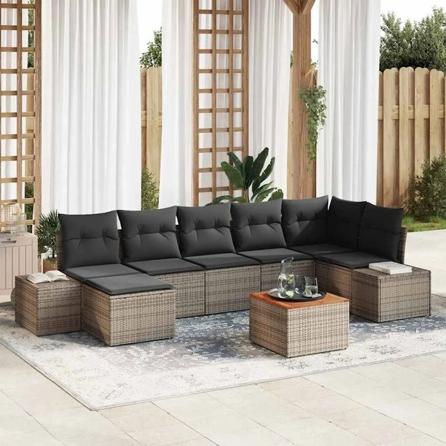 vidaXL Garten-Sofa-Set aus Poly-Rattan in Grau mit 8 Teilen und Kissen - Bild 1