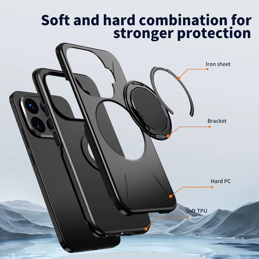 Stoßfeste Rüstungshülle für Xiaomi 15T Pro mit rotierender Dämpfung, magnetischem Metallring und TPU-Rahmen in Rot und Schwarz - Bild 3