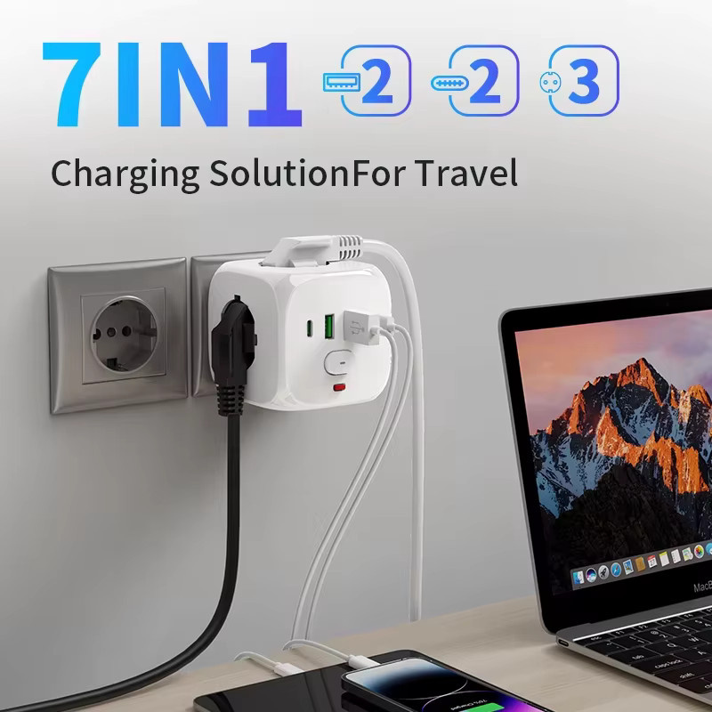 Szaoju 7-in-1 EU-Steckdosenleiste in Weiß mit 3 AC-Steckdosen, 2 USB-A und 2 USB-C Anschlüssen - Bild 2