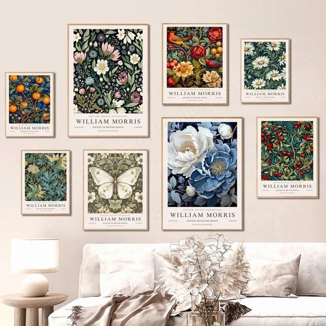 Nordic William Morris Kunst Leinwandmalerei mit Pflanzen, Blumen und Schmetterlingen - Bild 1
