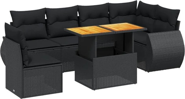 vidaXL 7-teilige Garten-Sofagarnitur aus Poly-Rattan und Akazienholz in Schwarz mit Kissen - Bild 1