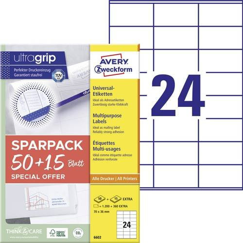 Avery Zweckform Universal-Etiketten ultragrip Weiß, 1560 Stück, B: 70 mm, H: 36 mm - Bild 1