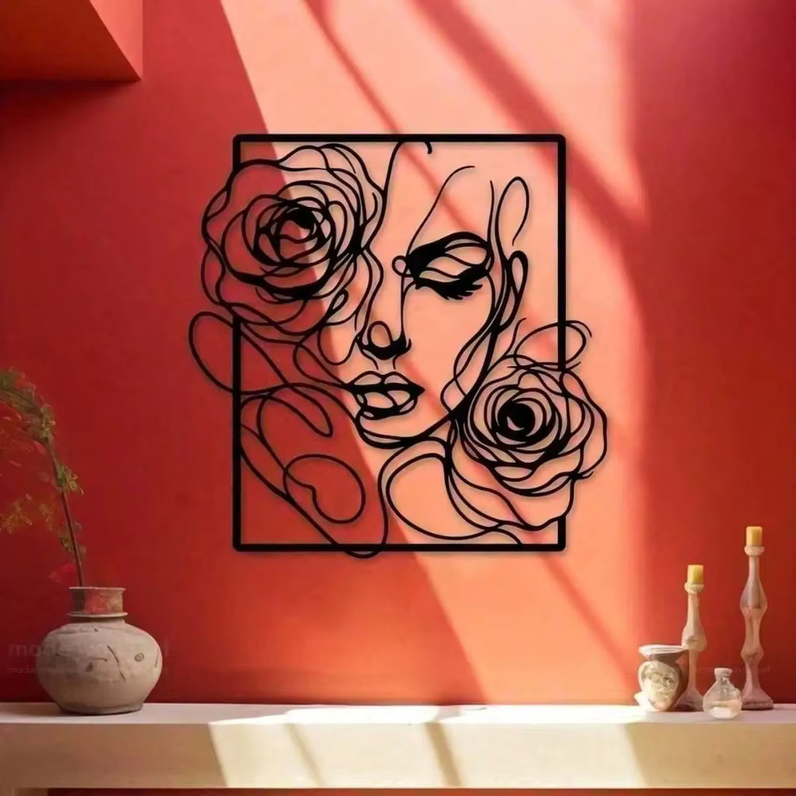 HELLOYOUNG Wanddekoration aus schwarzem Metall mit floralem Frauen-Linienkunst-Motiv und Rosen im modernen Design - Bild 2