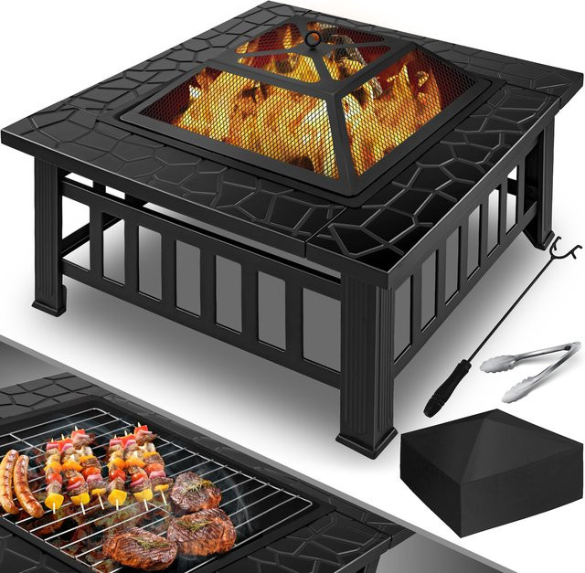 KESSER 3in1 Multifunktionale Feuerschale mit Grillrost, Grillzange und Schürhaken in Schwarz, B/T/H: 82 x 82 x 50 cm - Bild 1