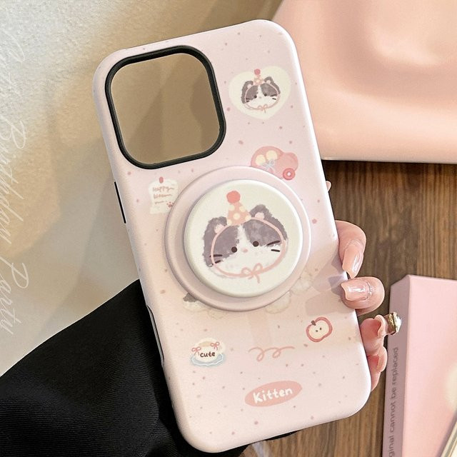 Potdemiel Handyhülle mit rosa Cartoon-Katze und magnetischer Halterung für iPhone 11 bis iPhone 17 Air, stoßfeste weiche Schutzhülle - Bild 1
