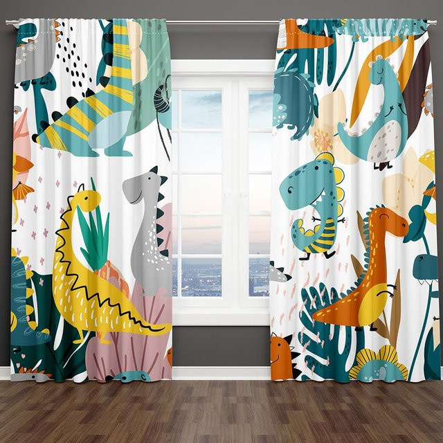 A Family Of Home Textiles Kinder Vorhänge mit Dinosaurier-Motiv, 2er-Set, halbtransparent, Mehrfarbig, B: 70 cm, H: 245 cm - Bild 1