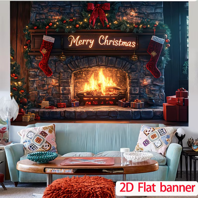 Weihnachtlicher Kaminhintergrund in Steinoptik mit leuchtendem Kamineffekt, mehrfarbig, rechteckig - Bild 4