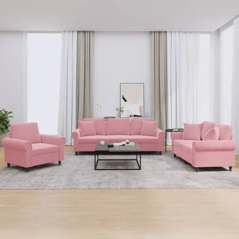 3-tlg. Sofagarnitur aus Samt mit Kissen in Rosa von Vidaxl mit Metallgestell im modernen Design - Bild 1