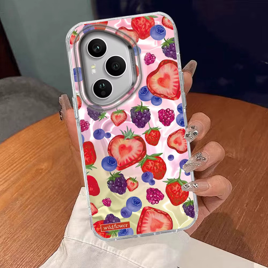 Handyhülle mit Erdbeer-Mädchen und Blumenmotiv in Rosa für Honor Modelle - Bild 1