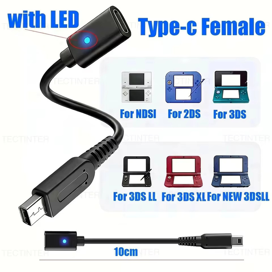 USB-C-Ladekabel-Adapter mit LED für Nintendo NDSi, 2DS, 3DS, 3DSLL und 3DSXL in Schwarz - Bild 2
