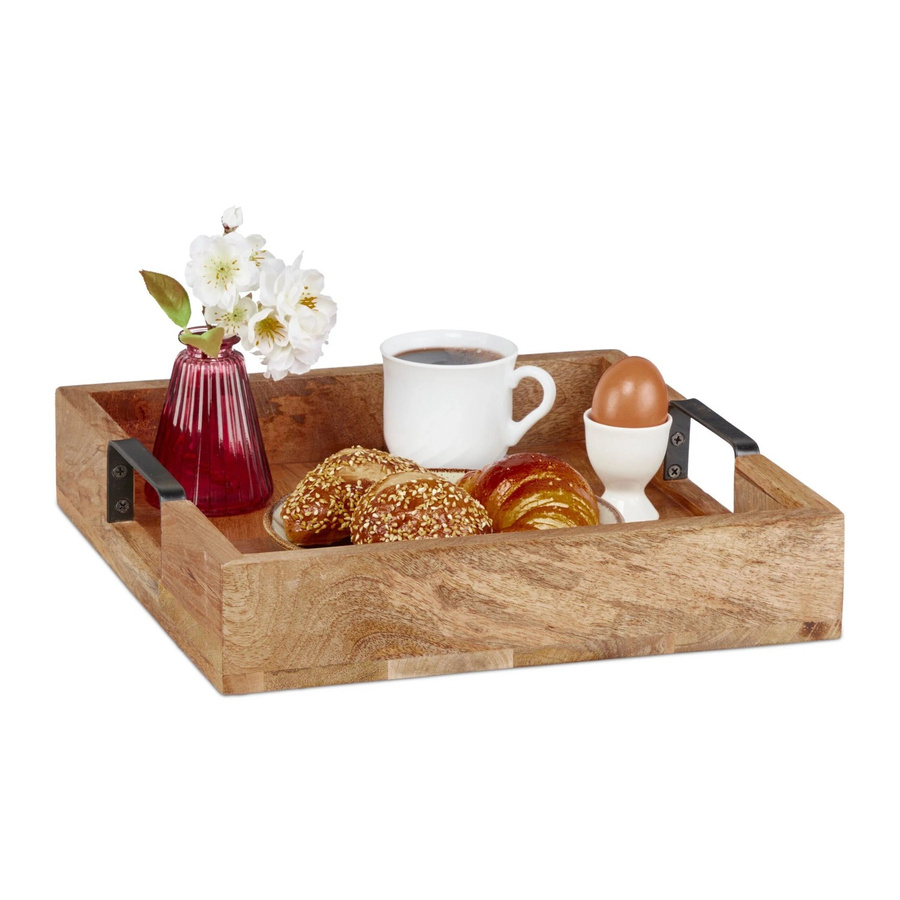 Relaxdays Serviertablett aus Mangoholz und Eisen in Natur und Schwarz mit Griffen, B/T/H: 35 x 35 x 7,5 cm - Bild 2