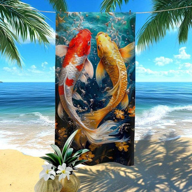 Ka Chen Muda Fisch-Handtuch aus Mikrofaser, schnelltrocknend und weich, weiß/mehrfarbig, B: 63 cm, H: 120 cm - Bild 1