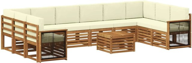 vidaXL Outdoor-Sofagarnitur aus Akazienholz in L-Form mit 8 Kissen, Natur und Creme - Bild 1