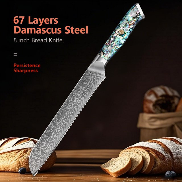 Baovim Profi-Brotmesser aus Damaszener Stahl mit Abalone-Muschelgriff in Multicolour, 20,32 cm - Bild 1