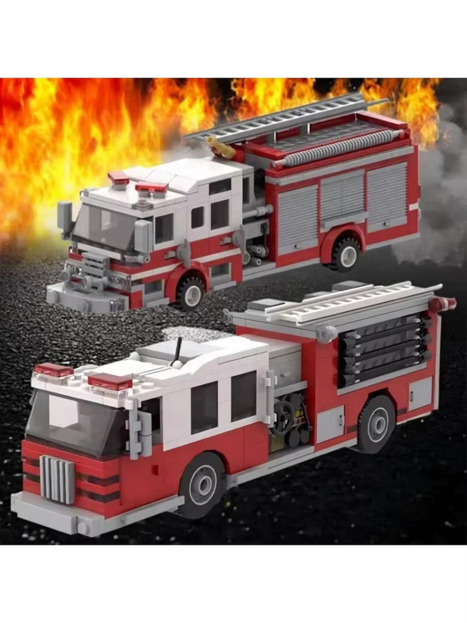 Amerikanische Stadt Feuer Pumpe Lkw Modell, Feuerwehr, Baustein, Rot - Bild 4