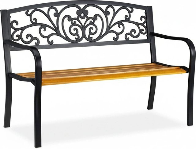 Relaxdays Gartenbank im antiken Design aus Stahl, Gusseisen und Holz in Braun und Schwarz, B/T/H: 127 x 86,5 x 59 cm - Bild 1