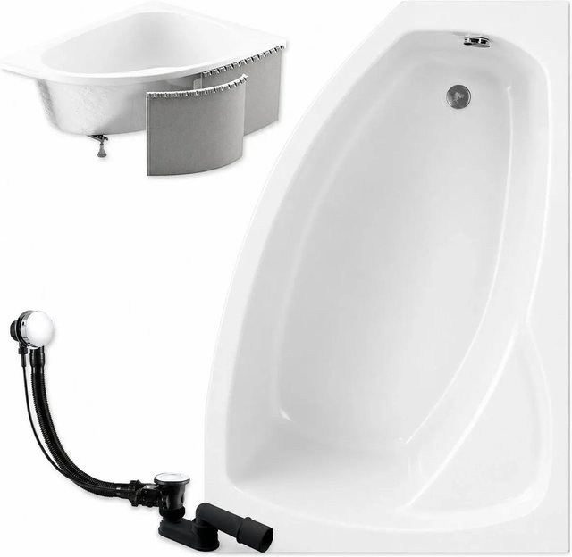 KOLMAN Eckbadewanne aus Acryl in Weiß, rechtsseitig mit Styroporverkleidung, Ablauf und Füßen, B/T: 160 x 105 cm - Bild 1